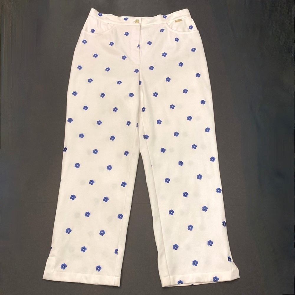 St John Sport by Marie Gray Ankle Pants‎ Slacks White Blue Flowers Womens 8 32